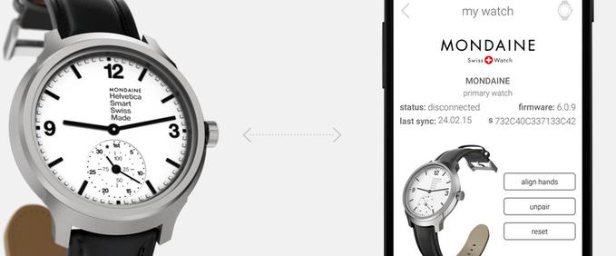 Uhrenhersteller Mondaine bringt seine Smartwatch-Funktionen unauffllig dort unter, wo die '6' stehen sollte. Und einen IOS/Android-Anschluss gibt es auch. (Bild: Mondaine)