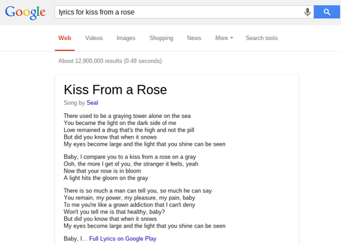 Das englischsprachige Google zeigt Songtexte direkt in der SERP an (Bild: Searchmetrics/ Google (Screenshot))