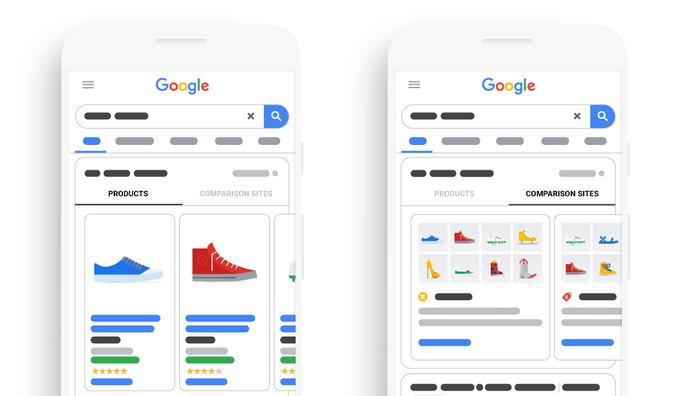 Comparison Listing Ads bei Google (rechts) stellen verschiedene Produkte von einer Vergleichsseite im Rahmen einer Ad nebeneinander. Die bisher gewohnte Ansicht stellt verschiedene Produkte nebeneinander, die mal von einem Shop, mal von einem Vergleicher, mal von Google stammen (links). (Bild: Google / Emerce)
