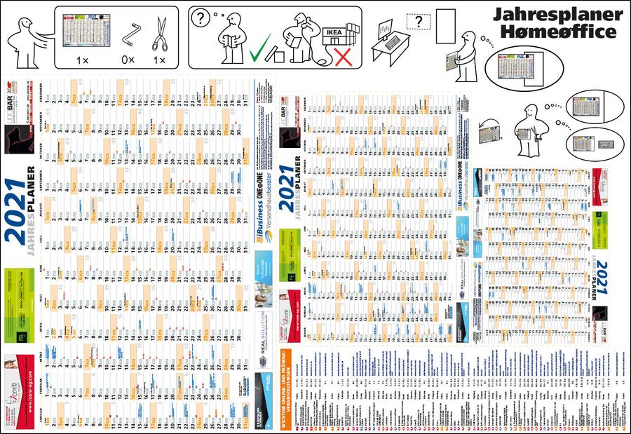 Ein Klick auf das obenstehende Bild enthüllt: Der Jahresplaner für das Jahr 2021 enthält deutlich mehr Nutzwert als in den Vorjahren. Größen-Hybrid ist er auch dort einsetzbar, wo weniger Wandfläche verfügbar ist als im Büro. (Bild: HighText Verlag)