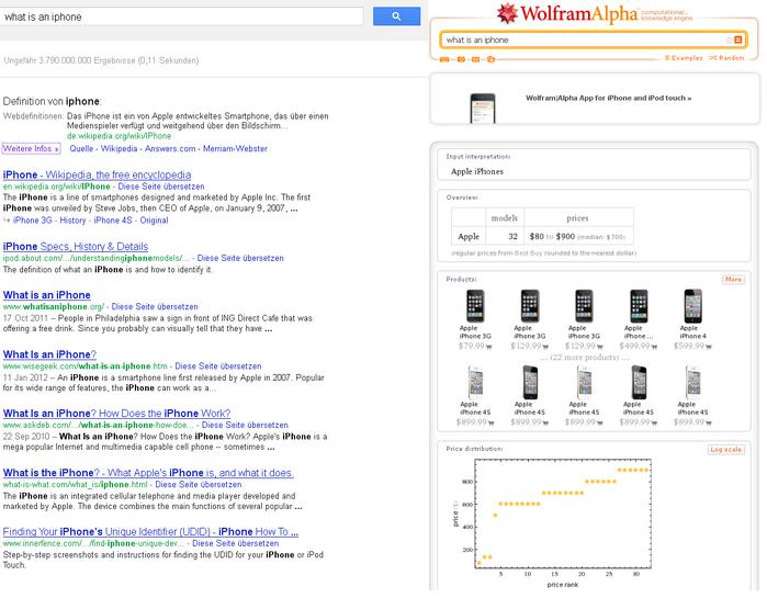 Suchergebnisseiten-Vergleich zwischen Google und Wolfram Alpha anhand Iphone (Bild: google.com / www.wolframalpha.com)