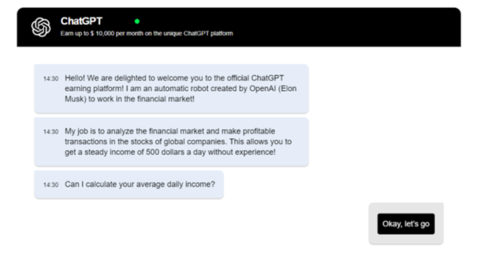 Chat mit geflschtem Bot, der vorgibt, die Finanzmrkte zu analyiseren. (Bild: Bitdefender)