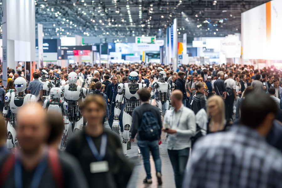 Experten rechnen damit, dass in zwei Jahren etwa die Hälfte der Besucher auf der Dmexco Roboter sind (nein, tun sie nicht). (Sebastian Halm/Midjourney)