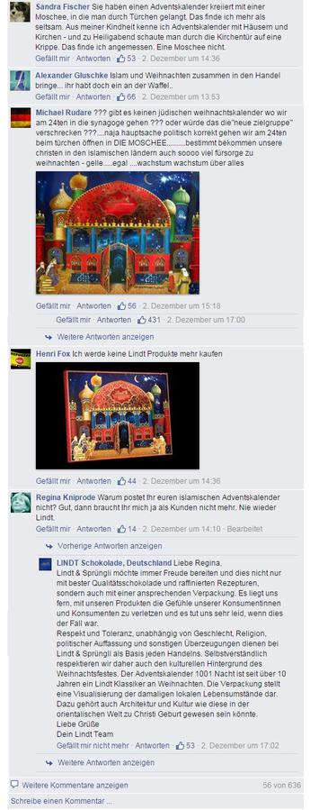 Der von Lindt seit 10 Jahren hergestellte '1001 Nacht'-Adventskalender sorgte für einen Troll-Aufstand auf Facebook. Mit einer guten Antwort. (Bild: Screenshot)