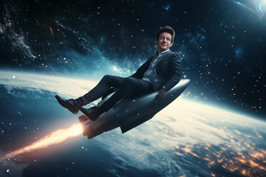 Ein rein zufällig wie Sam Altman aussehender KI-Techbro reitet durchs All auf einer Rakete in eine bessere Welt. (Sebastian Halm/Midjourney)