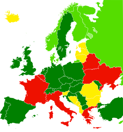 Landkarte zur Panoramafreiheit in der EU. In den grn eingefrbsten Staaten gilt Panoramafreiheit (hellgrn: nur fr Gebude), gelb gefrbte Lnder erlauben die Verffentlichung von Abbildungen ffentlicher Werke nur zu nichtkommerziellen Zwecken. In rot unterlegten Lndern gibt es gar keine Panoramafreiheit. Nach dem Vorschlag des Rechtsausschusses wrde die gesamte EU rot oder gelb werden. (Bild: Wikipedia/ King of Hearts)