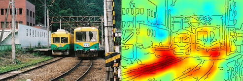 Die Heatmap zeigt ganz deutlich: Der Algorithmus trifft die Entscheidung Zug oder nicht Zug anhand der Schienen-Bildpunkte und nicht anhand derer, die den Zug ausmachen. Lupe  (Bild: Nature Communications)