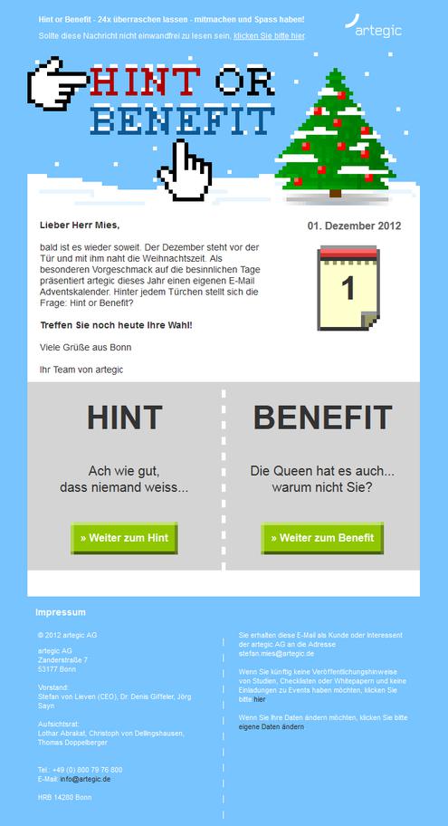 E-Mail Marketing Adventskalender: Bei Bei Hint or Benefit erhlt der Nutzer tagtglich sein persnliches und individuelles Adventstrchen mit einem hochwertigen E-Mail Marketing Tipp oder einem Benefit fr den Alltag. (Bild: Artegic)