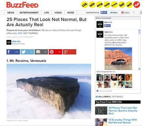 Native Advertising der Kategorie Sponsored Content, wie hier von Mini auf Buzzfeed, ist als 'Schleichwerbung' besonders umstritten (Bild: Screenshot Buzzfeed)