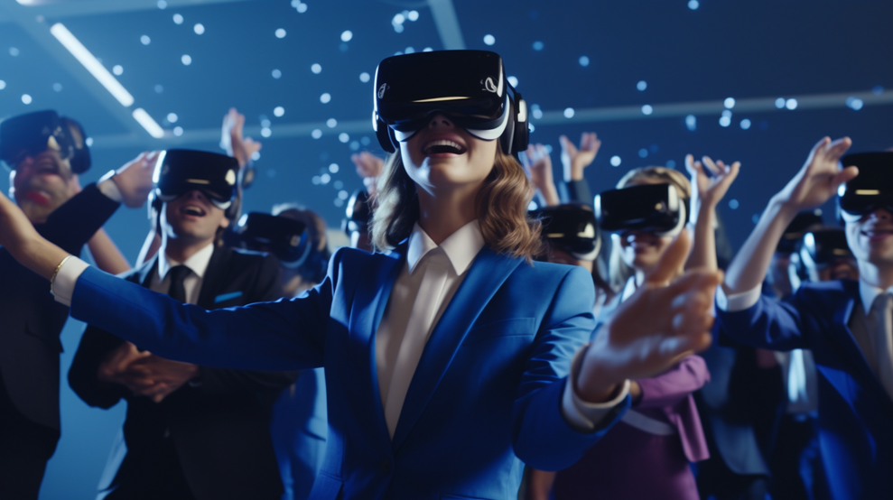 ManagerInnen mit VR-Brillen im Berater-Himmel (Bild: Midjourney/Sebastian Halm)