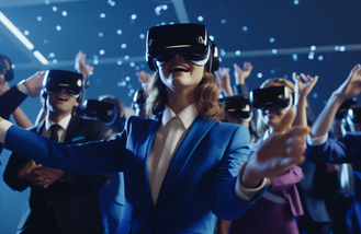 ManagerInnen mit VR-Brillen im Berater-Himmel (Midjourney/Sebastian Halm)