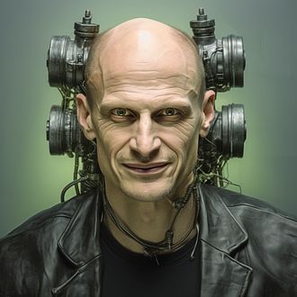 Analyst Sebastian Halm möchte die KI-PlugIns, die er sich hat setzen lassen, nicht mehr missen (die KI befiehlt mir, das zu schreiben, Hilfe!) (Bild: Midjourney/Sebastian Halm)
