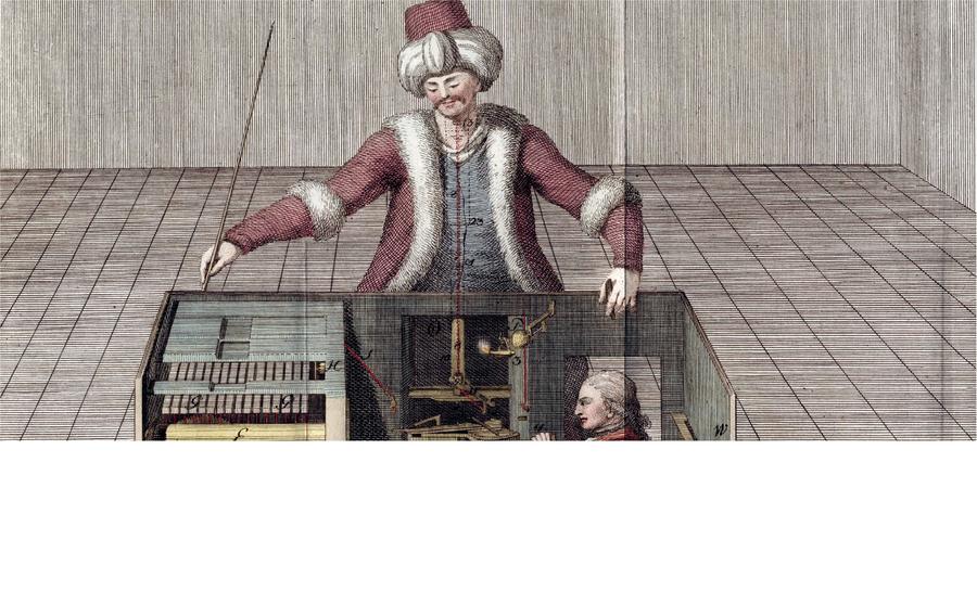 Die Geschichte vom mechanischen Türken wiederholt sich: Für manche Dienstleister  ist es lukrativer, ihre MitarbeiterInnen als KI auszugeben, statt als Menschen. 1769 steckte im abgebildeten Schach-Bot de facto ein Mensch aus Fleisch und Blut. (Bild: wikimedia commons)