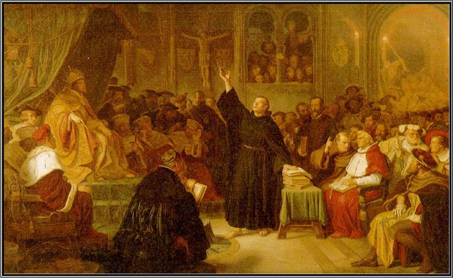 'Hier stehe ich, ich kann nicht anders': Disruptoren und Visionäre wie Martin Luther schauten stets eben nicht auf die vorherrschende Meinung (Martin Luther vor Kaiser Karl V. Historiengemälde, Lutherhalle Wittenberg)