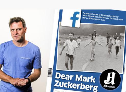 Aftenposten-Chefredakteur Hansen vor dem Pulitzerpreis-gekrnten Pressefoto des Jahres 1972 'The terror of war' (Bild: Aftenposten/iBusiness (Screenshot))
