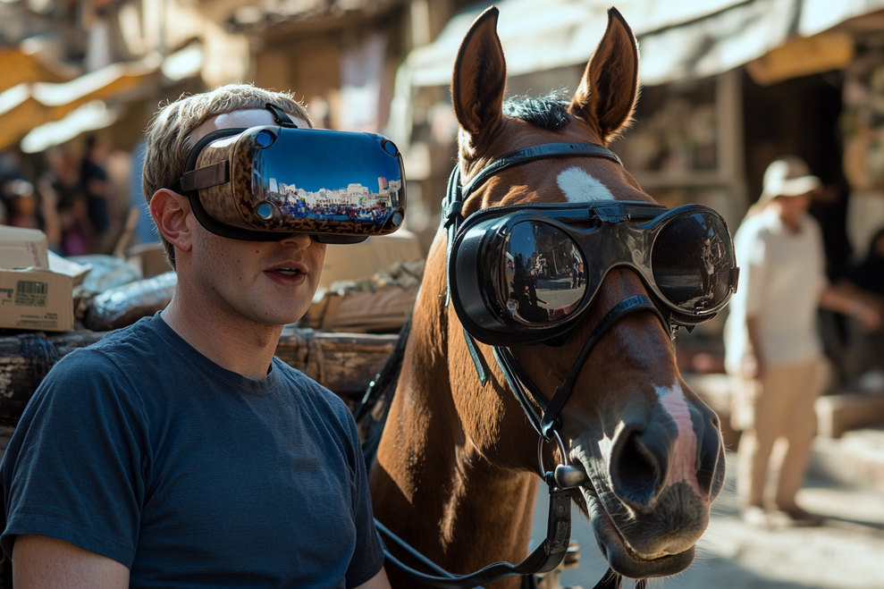 Mark Zuckerberg erklärt einem Retourkutschen-Pferd den Weg: &#34;Noch etwa 1000 Meta, hihi, kleiner Scherz!&#34; (Bild: Sebastian Halm/Midjourney)