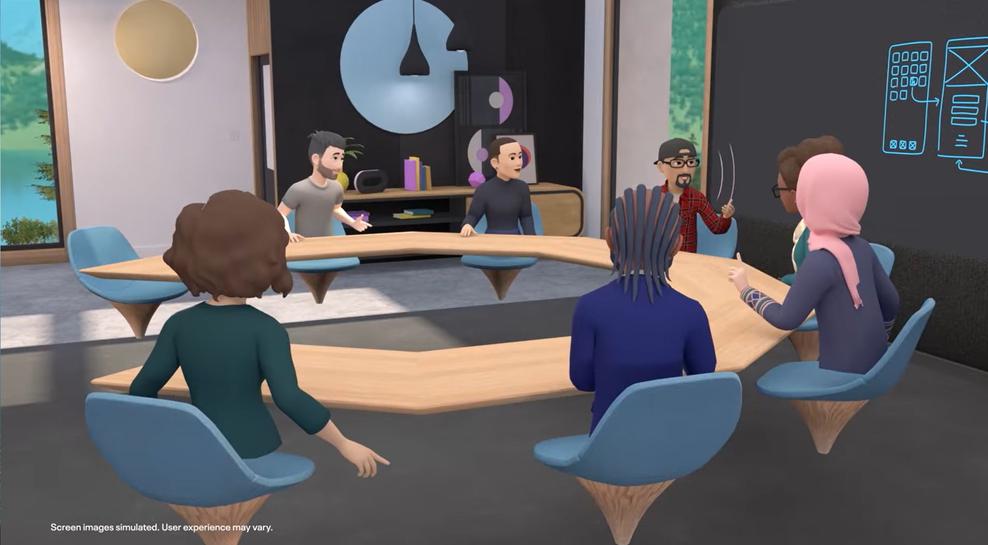 Bis zu 16 Menschen können sich als Avatare im VR-Workroom versammeln. (Bild: Facebook)