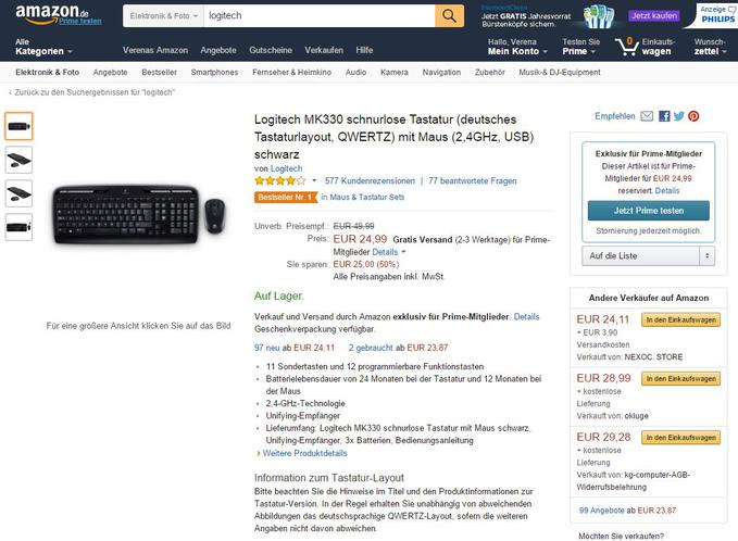 Die Logitech-Tastatur gibt's bei Amazon nur noch fr Prime-Kunden (Bild: Amazon/iBusiness)
