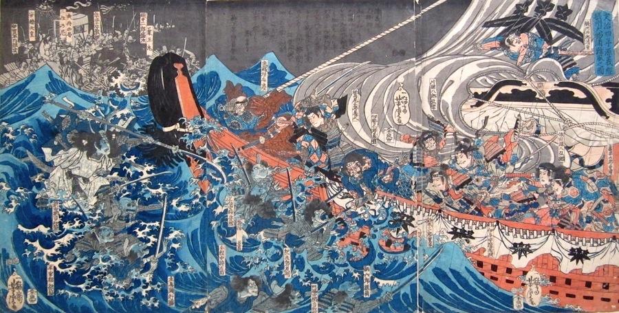 Frühes Kahhhh-Ihhh: Die magischen Wesen des Taira-Clans greifen Yoshitsune's Ship in Daimotsu Bay 1185 an (Utagawa Kuniyoshi  (1797-1861; Toshidama Gallery))