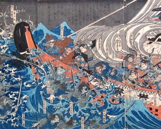 Frühes Kahhhh-Ihhh: Die magischen Wesen des Taira-Clans greifen Yoshitsune's Ship in Daimotsu Bay 1185 an (Utagawa Kuniyoshi  (1797-1861; Toshidama Gallery))