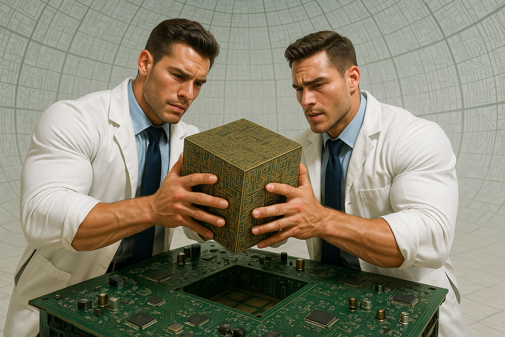 Links im Bild: Chad Gepeteh, rechts sein Bruder Gigachad Gepeteh bei einer besonders anstrengenden Marketingintegration (Bild: ChatGPT/Sebastian Halm)