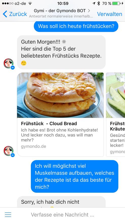Chatbots helfen oft nicht weiter (Bild: Screenshot Facebook Messenger/Gymondo)