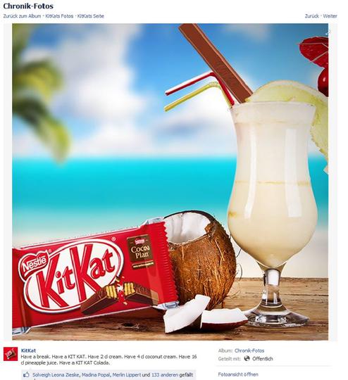 'Have a Kitkat Colada' ist ein Posting, dass Facebook zu recht aussiebt - egal, wie teuer das Kokosnuss-Foto war. Denn es geht in der Timeline des Nutzer um Relevanz. Nicht um Reklame. (Bild: Nestle)