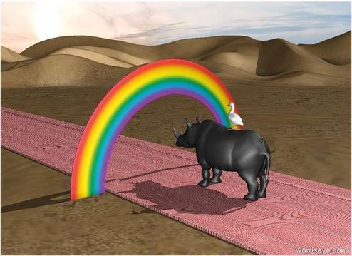 Ein Nilpferd steht auf einer Strae unter einem Regenbogen (Bild: Wordseye/Verena Grndel)