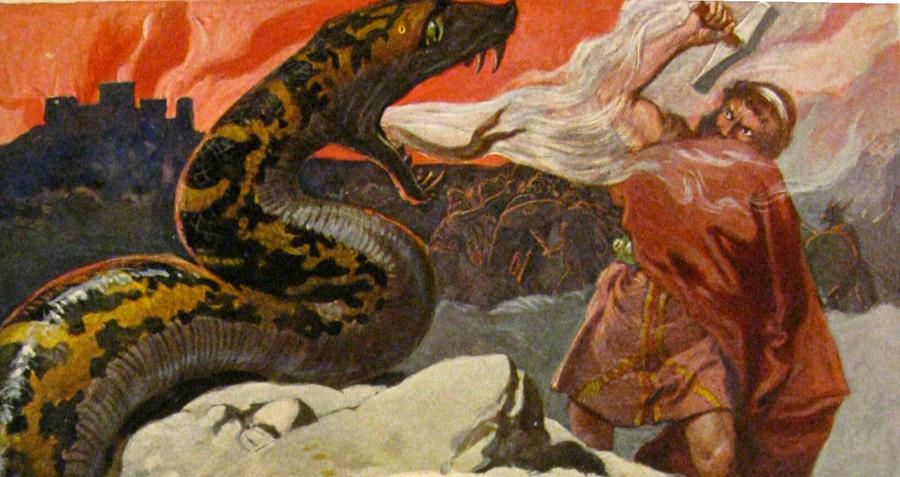 Agenturgeschäftsführer, sich mit der Künstlichen Intelligenz auseinandersetzend (Abbildung unähnlich) (Götterdämmerung: Thor und die Midgardschlange (Emil Doepler, um 1900))