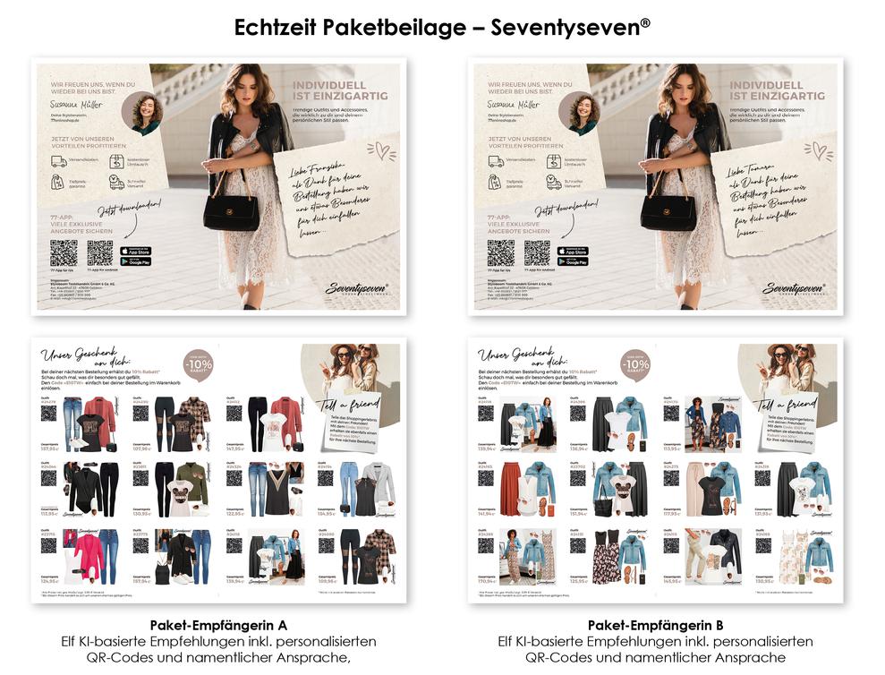 Das jngste Programmatic-Printing-Projekt von Seventyseven sieht individualisierte Paketbeilagen vor, mit denen die AdressatInnen namentlich angesprochen werden, um ihnen elf komplette Outfits vorzustellen. Erstellt werden die Empfehlungen mit einer auf Print spezialisierten Recommendation Engine von Smartcom. (Bild: Smartcom)