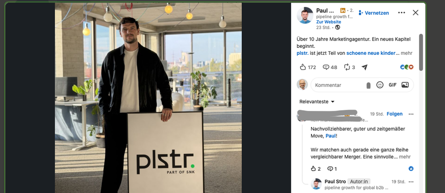 LinkedIn-Post von Pail Sto: Plstr ist nun Teil von "schoene neue kinder". (Hightext)