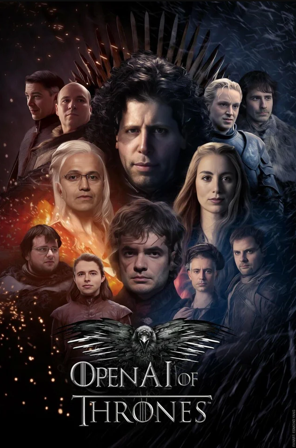 Auf die Häme der Social-Media-Welt ist zumindest Verlass. Diese Fanart macht aus den Beteiligten des OpenAI-Chaos das passende Filmplakat (Edmond Yang / Reddit)