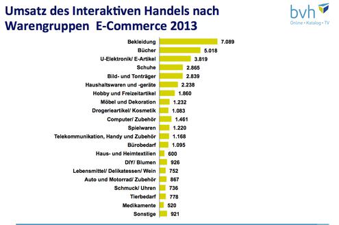 Umsatz ECommerce 2013 nach Warengruppen im Interaktiven Handel (in Millionen Euro) (Bild: bvh)