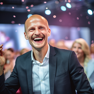 Feiern bis die verlängerte KI-Stirn glänzt: Party-Beauftragter Sebastian Halm (Bild: Midjourney/Sebastian Halm)