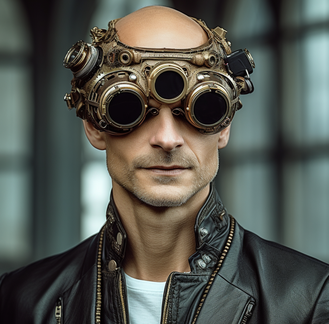 Alter Redakteur testet fast neue Technologie, heute: VR (Bild: Midjourney/Sebastian Halm)