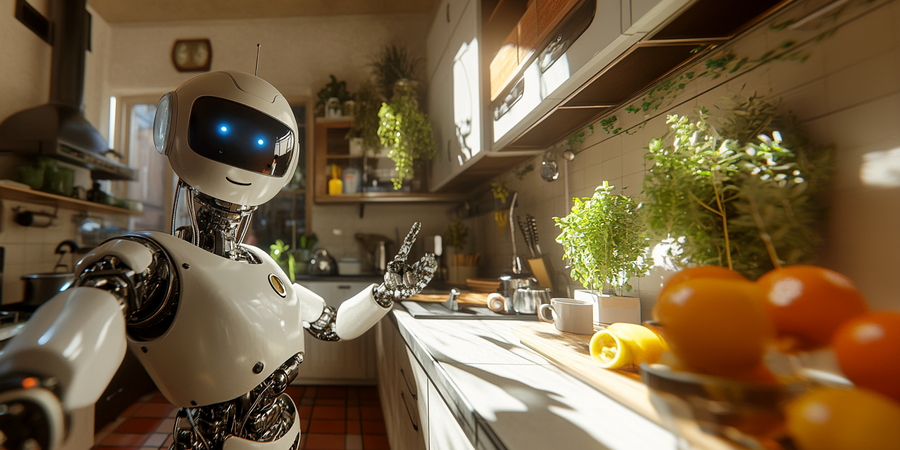Cookie, der virtuelle iBusiness-Kochbot, bereitet einen Kabelsalat zu (Sebastian Halm/Midjourney)