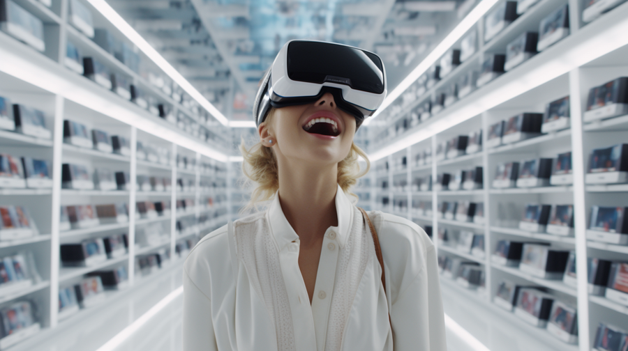 Shopping in der VR soll ein Erlebnis sein. Doch wenn man als Ersatz für fehlende Haptik und sonstige Sensationen nur virtuelle Werbeschilder bekommt, werden die VerbraucherInnen sich fragen, was das Ganze soll. (Midjourney/Sebastian Halm)