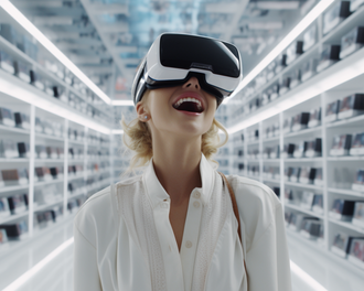Shopping in der VR soll ein Erlebnis sein. Doch wenn man als Ersatz fr fehlende Haptik und sonstige Sensationen nur virtuelle Werbeschilder bekommt, werden die VerbraucherInnen sich fragen, was das Ganze soll. (Midjourney/Sebastian Halm)