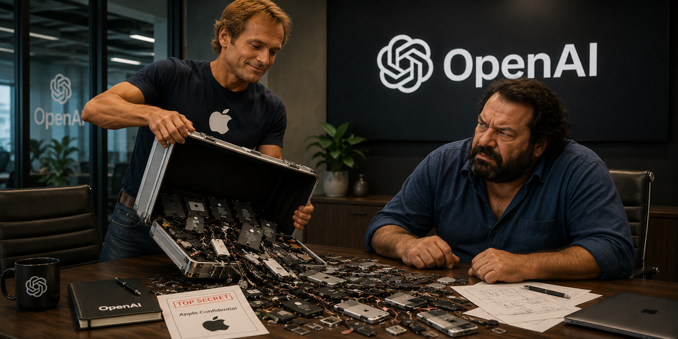 Fast schon postsatirische Vorwürfe werden erhoben: Ein OpenAI-Mitarbeiter &#34;soll zudem Apple-Beschäftigte dazu aufgefordert haben, bei Bewerbungsgesprächen für OpenAI Bauteile wie Batterien oder Gehäusevarianten mitzubringen.&#34; Aus juristischen Gründen haben wir in dieser KI-Darstellung auf fiktive Gesichter nicht-existenter Personen zurückgegriffen. (Bild: KI-generiert und zu dramatischen Zwecken visualisiert mit ChatGPT/Sebastian Halm)