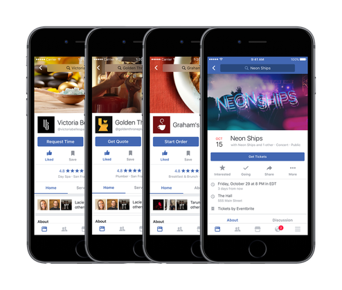 Neue Unternehmensseiten auf Facebook: Mit einem Call-to-action-Button lassen sich Ticktes reservieren, Essen bestellen oder Tische buchen - die Seiten lassen sich auch direkt an Freunde empfehlen. (Bild: Newsroom Facebook)