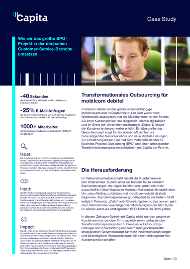 Titel von CaseStudy: Transformationales Outsourcing für mobilcom debitel